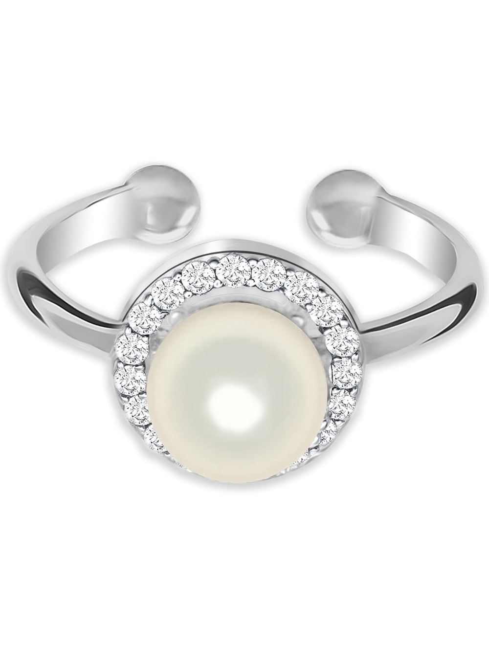 Pearl Halo Ring Size 7 Silver Tone Cubic Zirconia Classic Bridal